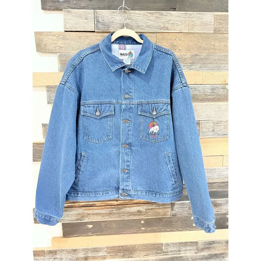 Imus vintage men’s Denim Embroidered American Flag Jacket Size XL